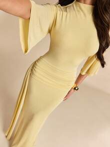 SHEIN BAE 女士黄色短袖高领露肩系带连衣裙，黄色连衣裙，优雅连衣裙，度假连衣裙，伴娘礼服，生日派对礼服，返校/毕业礼服 - 黃色 - 查看 3