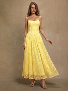 SHEIN BAE 黑色蕾丝无袖V领开衩褶皱连衣裙，适合鸡尾酒会、浪漫约会、秋冬叠穿、派对、正式聚会、夜店、万圣节、圣诞节等场合。 - 黃色 - 查看 5