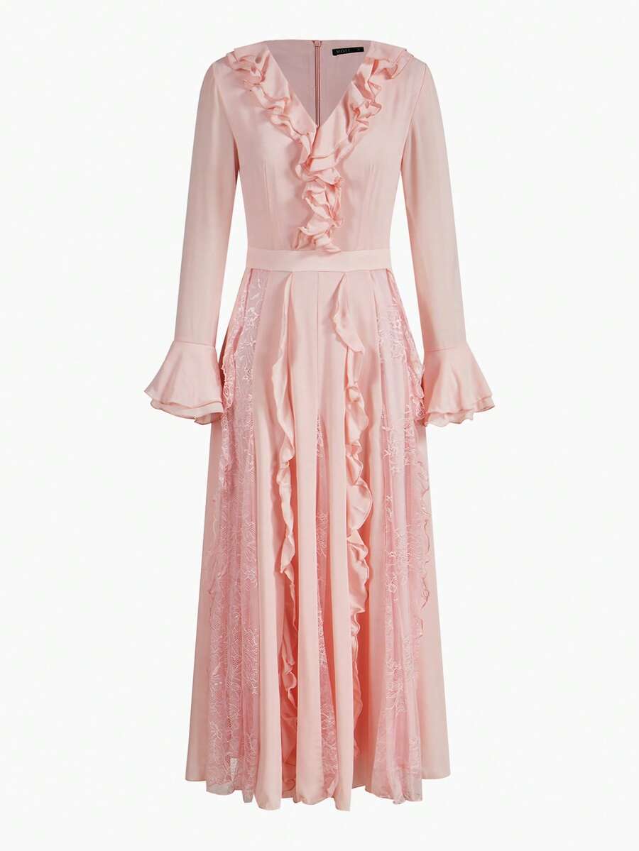 ZEYLAH 垂坠对比蕾丝荷叶边连衣裙 - 淺粉色 - 查看 1