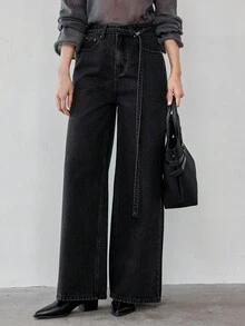 DAZY Women's Pocket Button Versatile Korean Style Loose Casual Wide-Leg Jeans - Grey - View 3