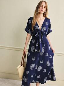 Écloséra 女士藏蓝色V领系带短袖佩斯利花纹连衣裙；藏蓝色长袖连衣裙；女士休闲度假风连衣裙；女士系带显瘦连衣裙；女士佩斯利花纹连衣裙；女士藏蓝色连衣裙；女士日常休闲连衣裙；女士春夏休闲度假风套装；女士日常休闲连衣裙；女士裹身系带连衣裙；佩斯利印花连衣裙；度假装；女士度假连衣裙；女士新款连衣裙 - 藏蓝色 - 查看 3