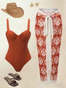 Swim Oasis Women's Beach Vacation Jumpsuit & Cover-Up Skirt Set - Brown - View 1