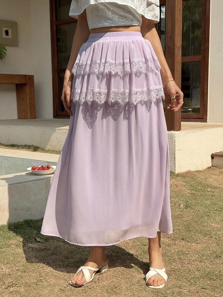 Spring & Summer 2 In 1 Pink Hollow Lace Patchwork Dress, Elegant Casual Vacation Beach Chiffon A-Line