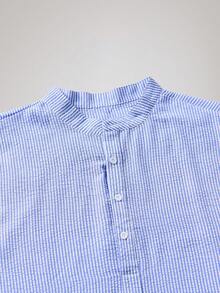 Officeau 男士半开襟衬衫，亚麻纹理衬衫，立领设计，轻盈透气长袖度假上衣，宽松版型，适合度假、派对、办公穿着，独特休闲男士礼物，蓝色衬衫 - 藍色 - 查看 4