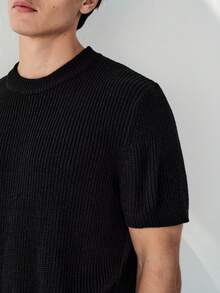 RONVEXI Camiseta casual de manga corta de punto acanalado de unicolor para hombre, verano - Negro - Ver 2
