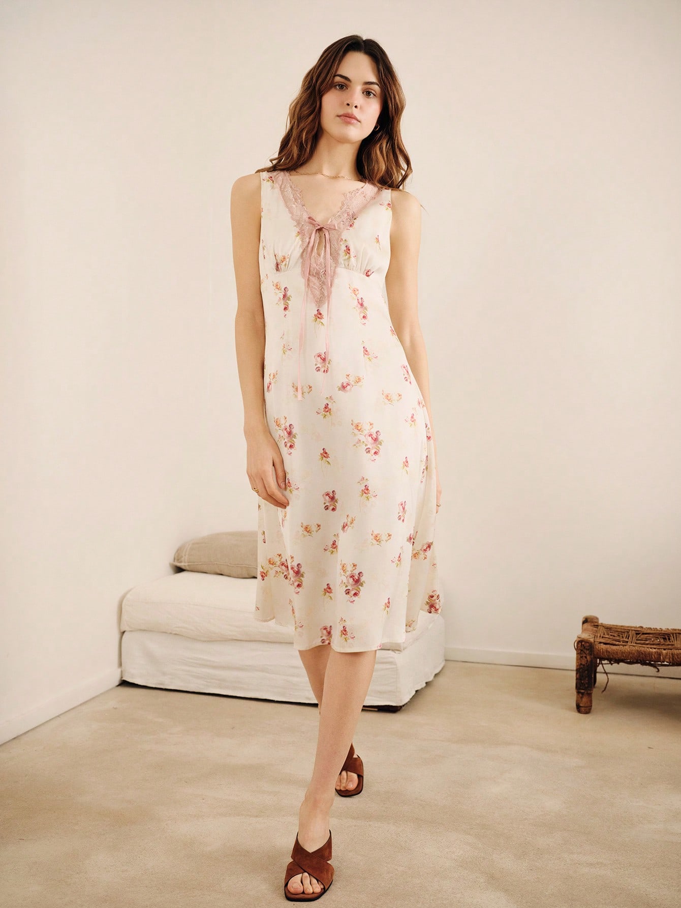 Floral Print Satin Midi Dress With Contrast Green Lace Trim Spring Summer Vintage Vacation French Style Parisian Style