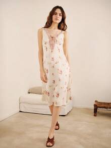 lacRébo Floral Print Satin Midi Dress With Contrast Green Lace Trim Spring Summer Vintage Vacation French Style Parisian Style - White - View 3