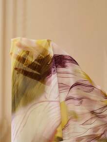 ZEYLAH Elegant Knit Mesh Printed Ruched Fitted Dress, Spring/Summer - Light Yellow - View 7