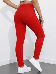 SHEIN ICON Women's Solid Color Minimalist Everyday Denim Pants - Red - View 2