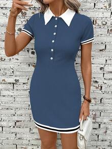 SHEIN LUNE Women's Short Sleeve Midi Dress,Blue And White Stripe,Summer,Casual,School,Back-To-School,Crossover Collar,Half-Button,Fitted,Contrast Trim - Blue - View 4