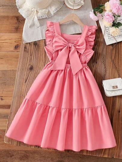 Vintaside Kids 少女时尚纯色方领荷叶边后背蝴蝶结连衣裙，适合夏季度假和户外活动