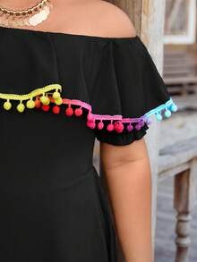 LanaWest CURVE Plus Size Summer Casual Off Shoulder Dress With Pom Pom Trim - Black - View 6
