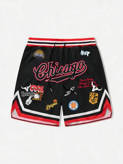 ROMWE MEN Prep Men's Summer Casual Sports Shorts With Contrast Trim Letter Pattern And Drawstring Waist