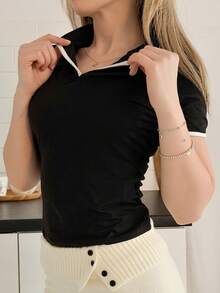 Katetique 女式 Polo 领拼色 T 恤，春夏女式 Polo 衫学院风上衣撞色边饰 Polo 衫 - 黑色 - 查看 3
