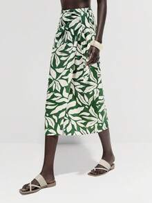Lumivelle 女士优雅度假风绿白印花高腰系带开衩半身裙，仿亚麻竹纤维面料 - 綠色 - 查看 1