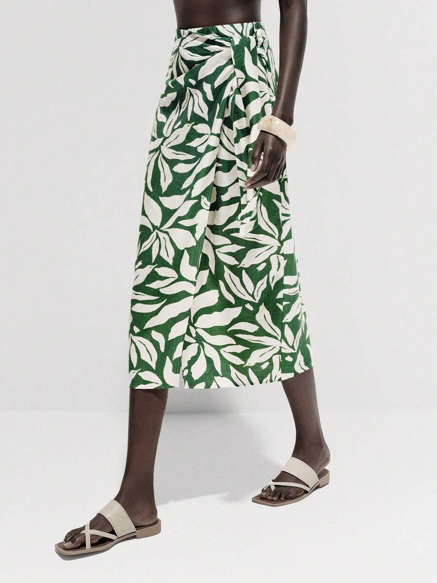 Lumivelle 女士优雅度假风绿白印花高腰系带开衩半身裙，仿亚麻竹纤维面料 - 綠色 - 查看 1