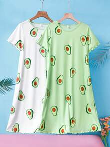 2pcs Teen Girls Avocado Print Pajama Dress, Minimalist Design For Easy Matching, Stretchy And Breathable Knit Fabric, Machine Washable, Comfortable Fit, And Easy Care (Sold Separately) Cute Tops For Summer Teen - Green - View 5