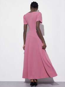 Aveloria Modichic 女士欧美风V领收腰褶皱喇叭形纯色针织无袖优雅连衣裙，春夏款 - 粉色 - 查看 6