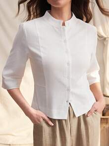 Zovinel 女士休闲全扣衬衫，春夏款 - 米色 - 查看 7