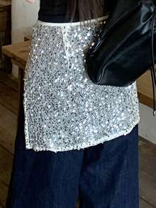 DAZY 女士亮片网纱系带裹身休闲迷你裙 - 白色 - 查看 7