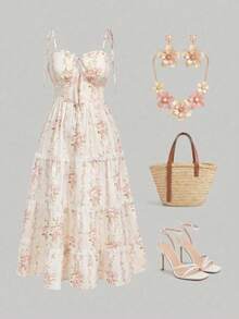 Sweetness Spring / Summer Valentine's Day Spring / Summer Plus Size Women Floral Print Tie Front Lace Trim Cami Dress, Vacation - Multicolor - View 12