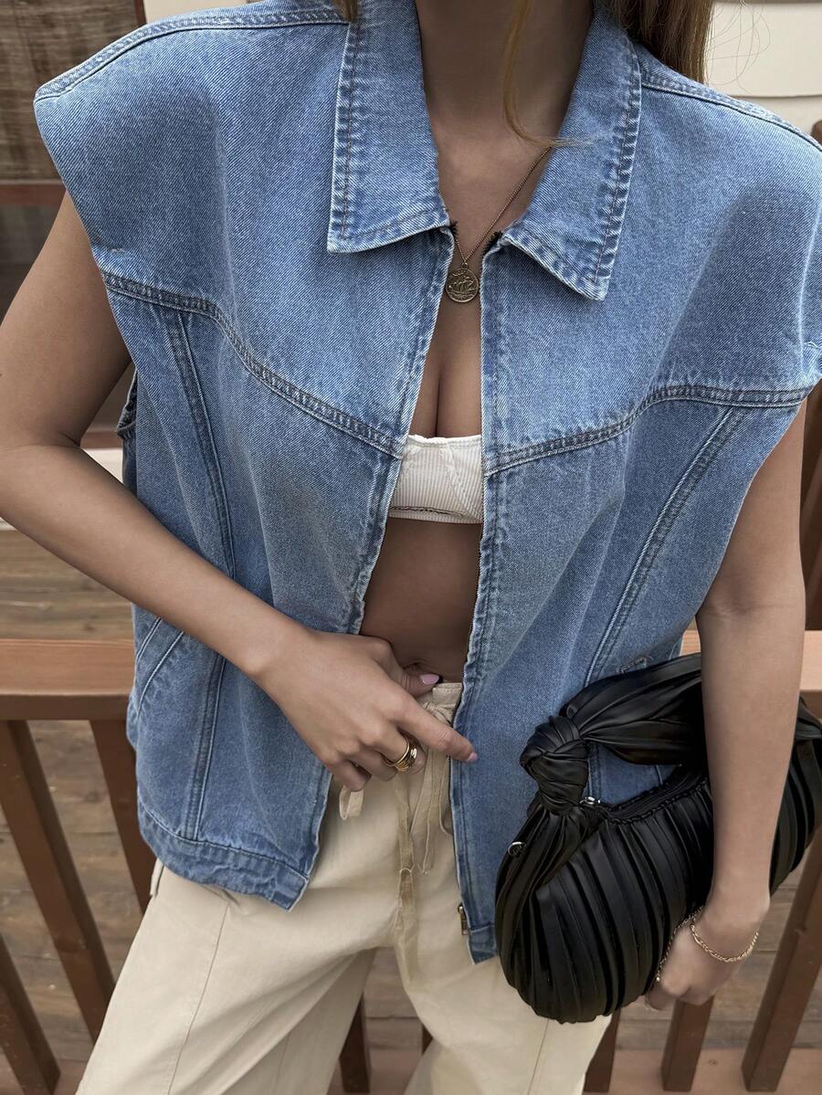 DAZY Áo denim nữ cổ ve áo, không tay, dáng rộng, thường ngày - Rửa trung bình - Xem 1