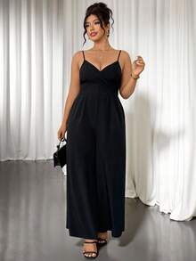 Cravure Plus Size Women's Black Summer Elegant Dinner Jumpsuit,Sleeveless Criss Cross Cami Crossover Bust Strap High-Waisted Wide Leg Woven Cropped Jumpsuit - Black - View 3