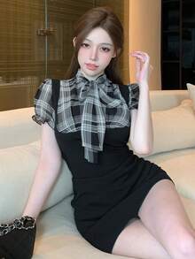 FRIFUL 女士高领蝴蝶结装饰格子印花无袖迷你连衣裙太阳裙 - 黑色 - 查看 6