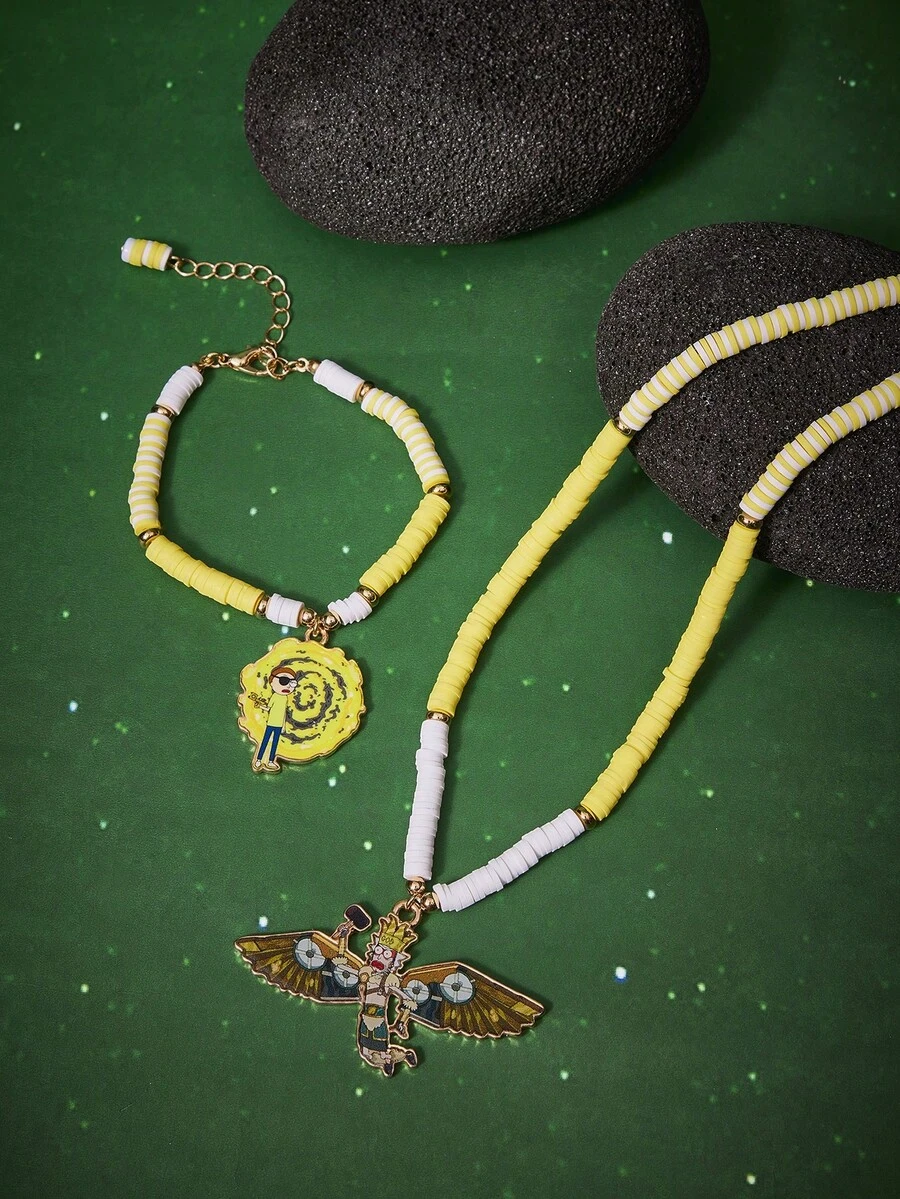 Rick and Morty X SHEIN 锌合金卡通图案吊坠手链项链套装，轻巧优雅简约设计，适合派对、音乐会、节日等场合佩戴。 - 金色 - 查看 1