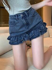 FRIFUL 女士纯色简约休闲牛仔短裤 - 中等水洗藍 - 查看 7