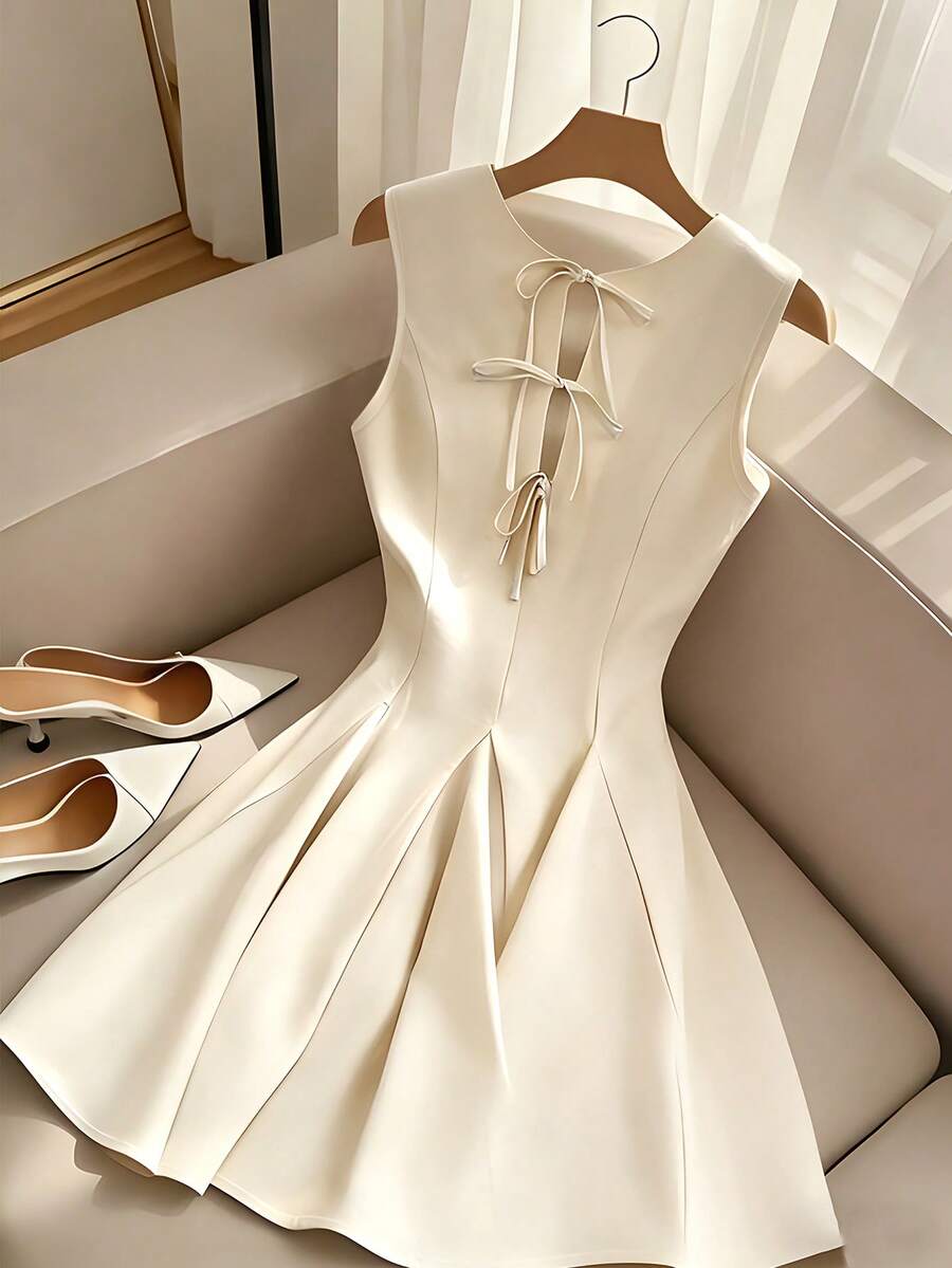 Franclia New French-Style Chic Bow Vest Dress For Women, Summer Style, Versatile, Slimming A-Line Skirt, Elegant Dress, Women's Apricot Dress, Women's White Dress, Women's Casual Dress, Women's Casual Outfit, Women's Summer Dress, Women's Summer Outfit. - Apricot - View 1