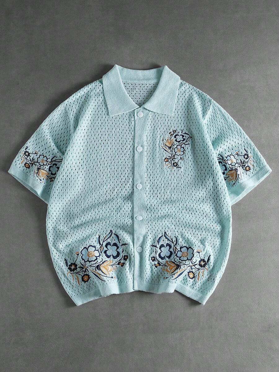 ROMWE MEN Men's Floral Print Polo Collar Knit Short Sleeve - Multicolor - View 1