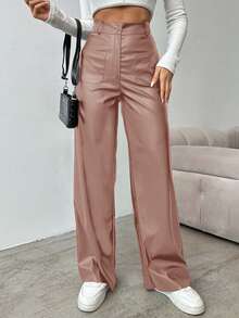 EURMUSE Women's Solid Color High Waist Straight Leg Pants, Suitable For Commuting - Pink - View 4