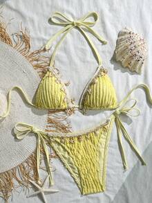 Swim Vcay 女士夏季沙滩度假提花面料贝壳肩带装饰露背性感比基尼套装 黄色波点比基尼 黄色两件式泳衣 女士黄色泳装 黄色两件式泳衣套装 黄色两件式比基尼套装 - 黃色 - 查看 3