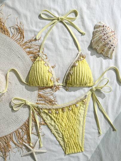 SHEIN Swim Conjunto de bikini sexy con tirantes y espalda descubierta, decorado con tela jacquard, para vacaciones de verano en la playa