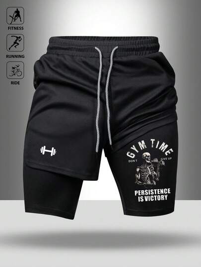 Manfinity Sport Polished 男士抽绳腰带字母骷髅印花休闲百搭日常运动短裤