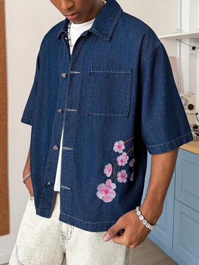 STEELVANCE Men's Casual Floral Embroidered Front Button Dropped Shoulder Loose Denim Jacket, Summer