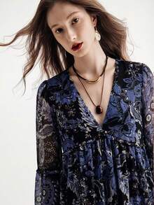 Aveloria Modichic Bohemian Style Chiffon Flowy Dress, Frill Trim, Loose Fit Deep V-Neck Long Sleeve - Multicolor - View 7