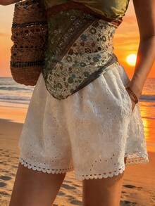 Livesso White Lace Patchwork Casual Beach Shorts For Women, Suitable For Spring & Summer, Vacation & Wedding Boho - White - View 1