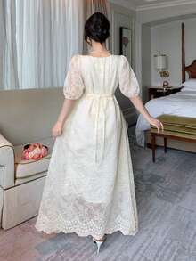 DAZY Đầm dài nữ cổ chữ V, tay ngắn, chất liệu ren, thanh lịch, thích hợp cho phong cách thường ngày. - Màu be - Xem 4