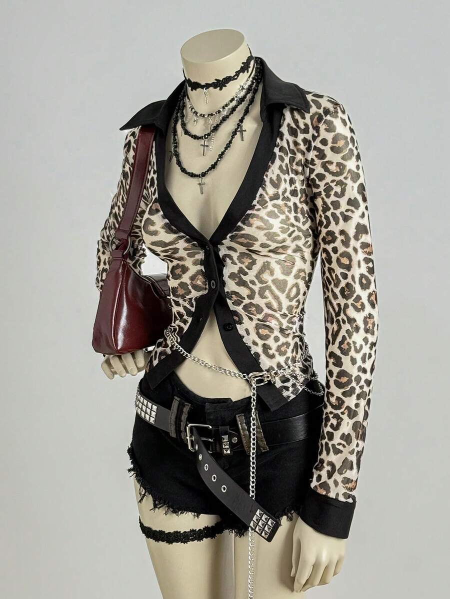 EgrlEra Leopard Print Trim Long Sleeve Sexy Fitted Shirt - Multicolor - View 1