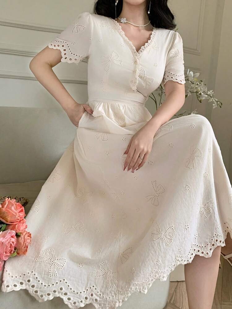 Women's V-Neck Short Sleeve Waist Cinched Lace Trim Elegant Long Dress Sundress Summer