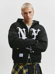 TOKVUE 男士街头风热销INS字母亮面刺绣休闲街头服饰，男友/老公礼物，周年纪念礼物，黑色卫衣 - 黑色 - 查看 3