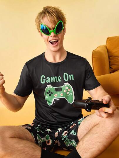 Men's Funny Game Console Print Loose Comfortable Short Sleeve Shorts Pajama Set