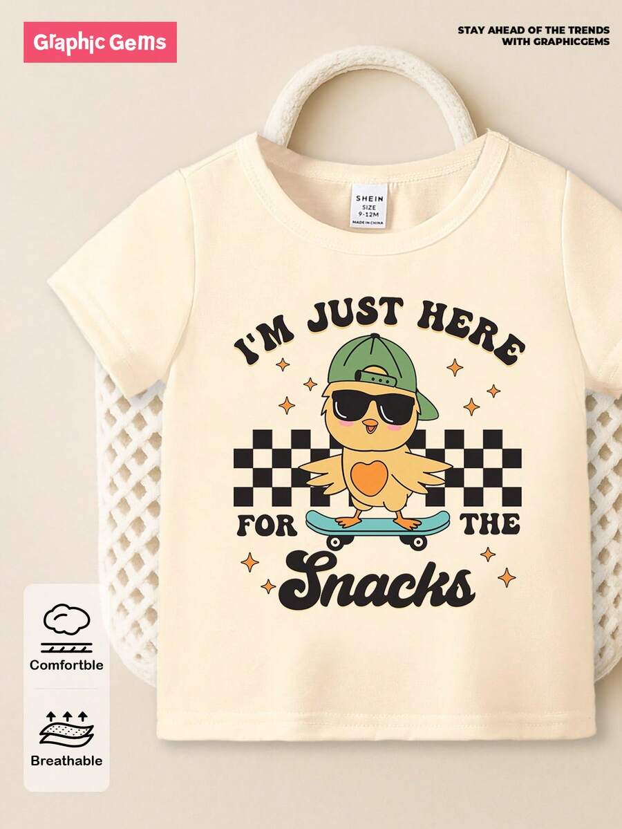 SHEIN GraphicGems Áo thun tay ngắn in khẩu hiệu hình ván trượt và hình chú gà con dễ thương cho bé trai, phong cách hoạt hình - Màu Khaki - Xem 1