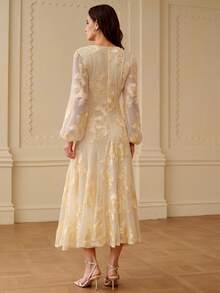 ZEYLAH V-Neck Ruched Waist Fitted Flared Hem Cutout Floral Dress, Autumn/Winter - Light Yellow - View 3