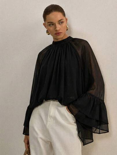 ATUI Studio Women's Black Mesh Patchwork Long Sleeve Blouse With Pleated Collar - Elegant Minimalist Top For Office & Daily Wear