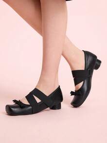 CUCCOO DOLLMOD Women's Black Bowknot Criss-Cross Hook And Loop Strap Square Toe Round Heel Mary Jane Ballet Flats, Retro Classic Style - Black - View 3