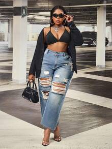 Slaydiva Pantalones rectos sin estiramiento de estilo vaquero azul desgastado para mujer de talla grande - Azul lavado medio - Ver 6