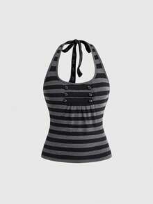 ROMWE Grunge Punk 复古骑兵纽扣设计条纹高领上衣 - 彩色 - 查看 1